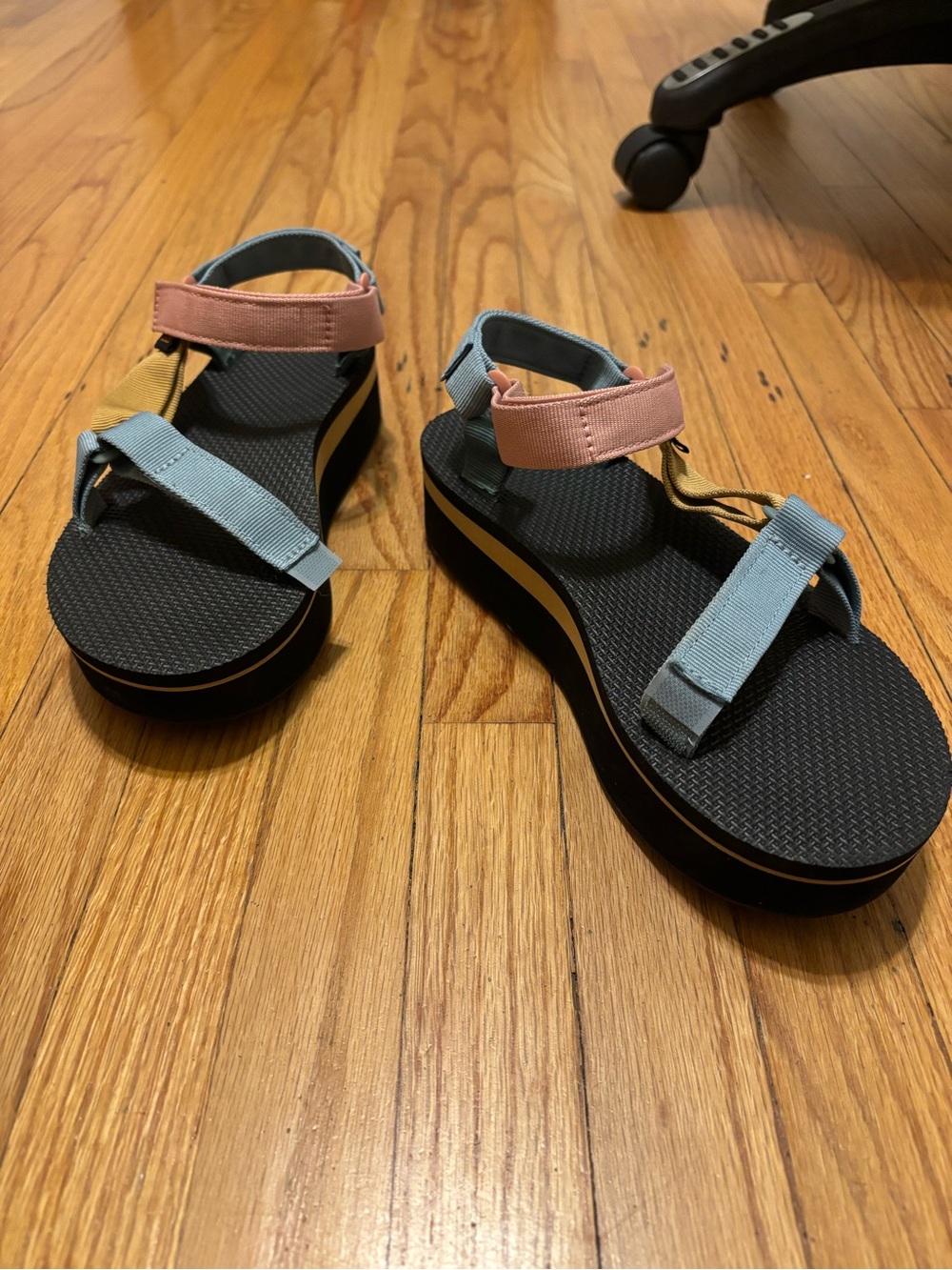 Teva Women's Black Midform Sandals with Pink, Blue & Yellow Straps